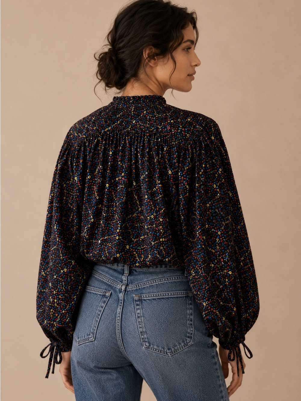 Doen O’Keefe Blouse Black and Wildflower Floral Smocked-Yoke Peasant Blouse S - Picture 6 of 15
